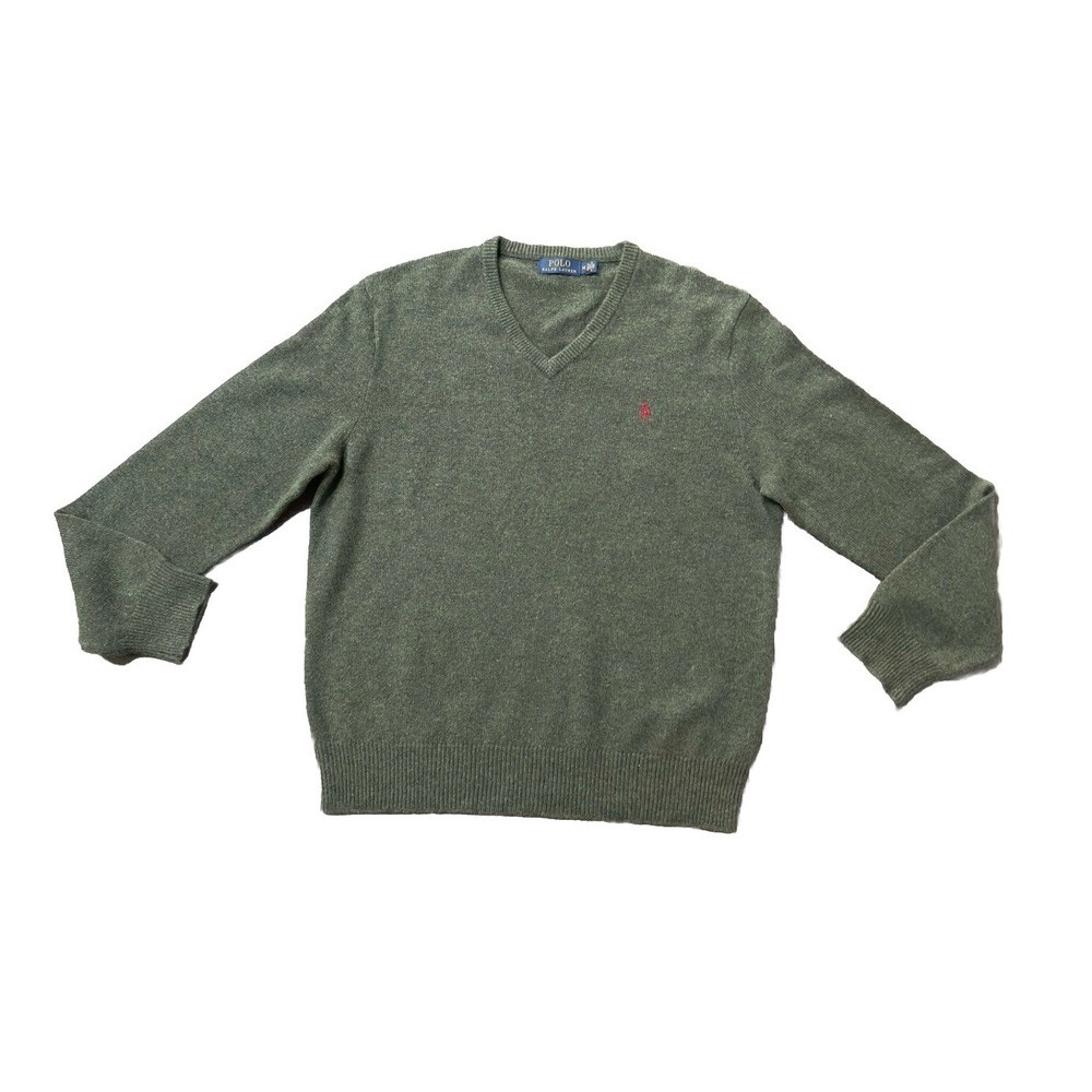 Polo Ralph Lauren Mens V-Neck Sweater Olive Green with‎ Red Pony Logo M